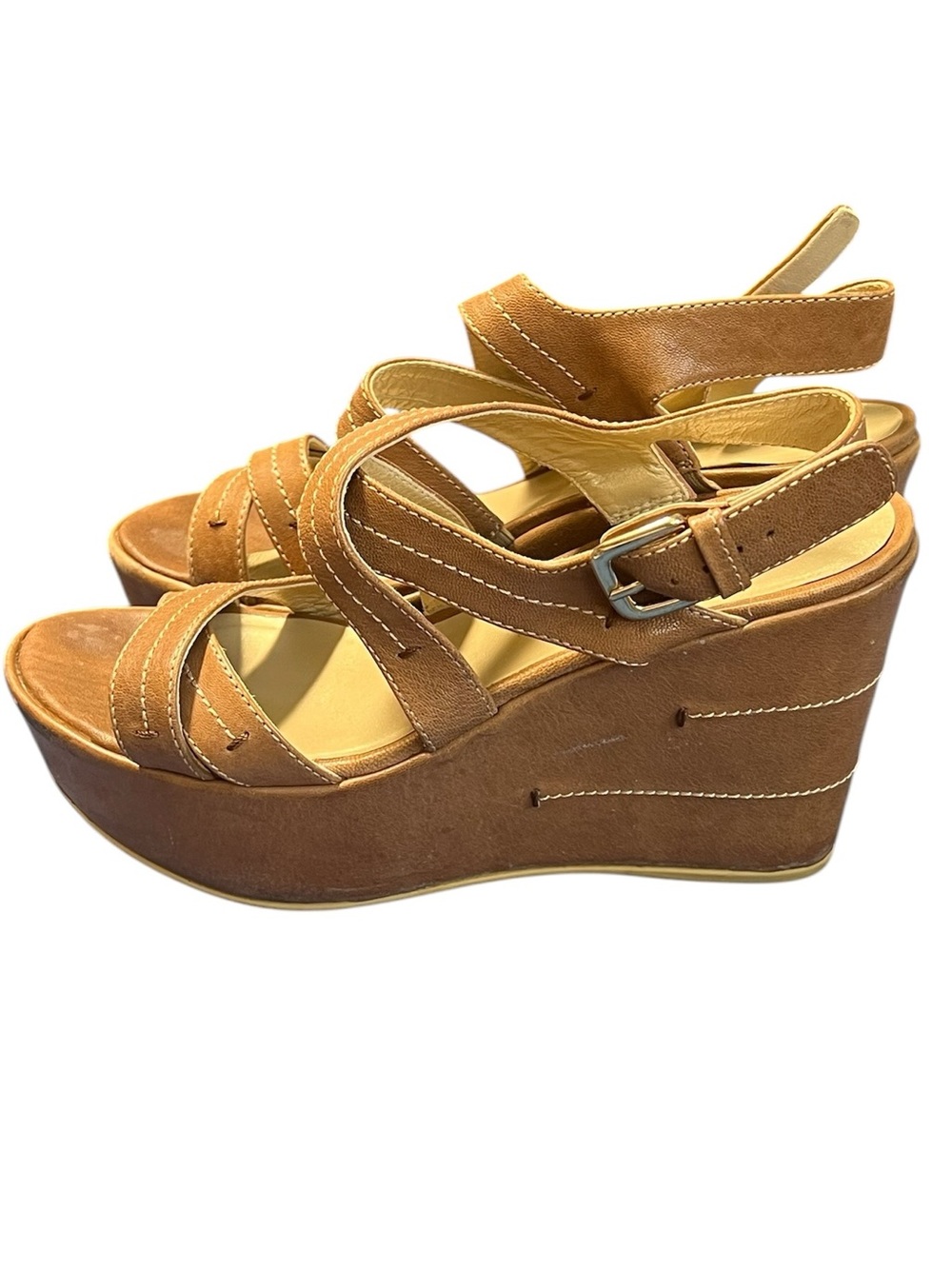 Stuart Weitzman tan leather strappy wedge sandals